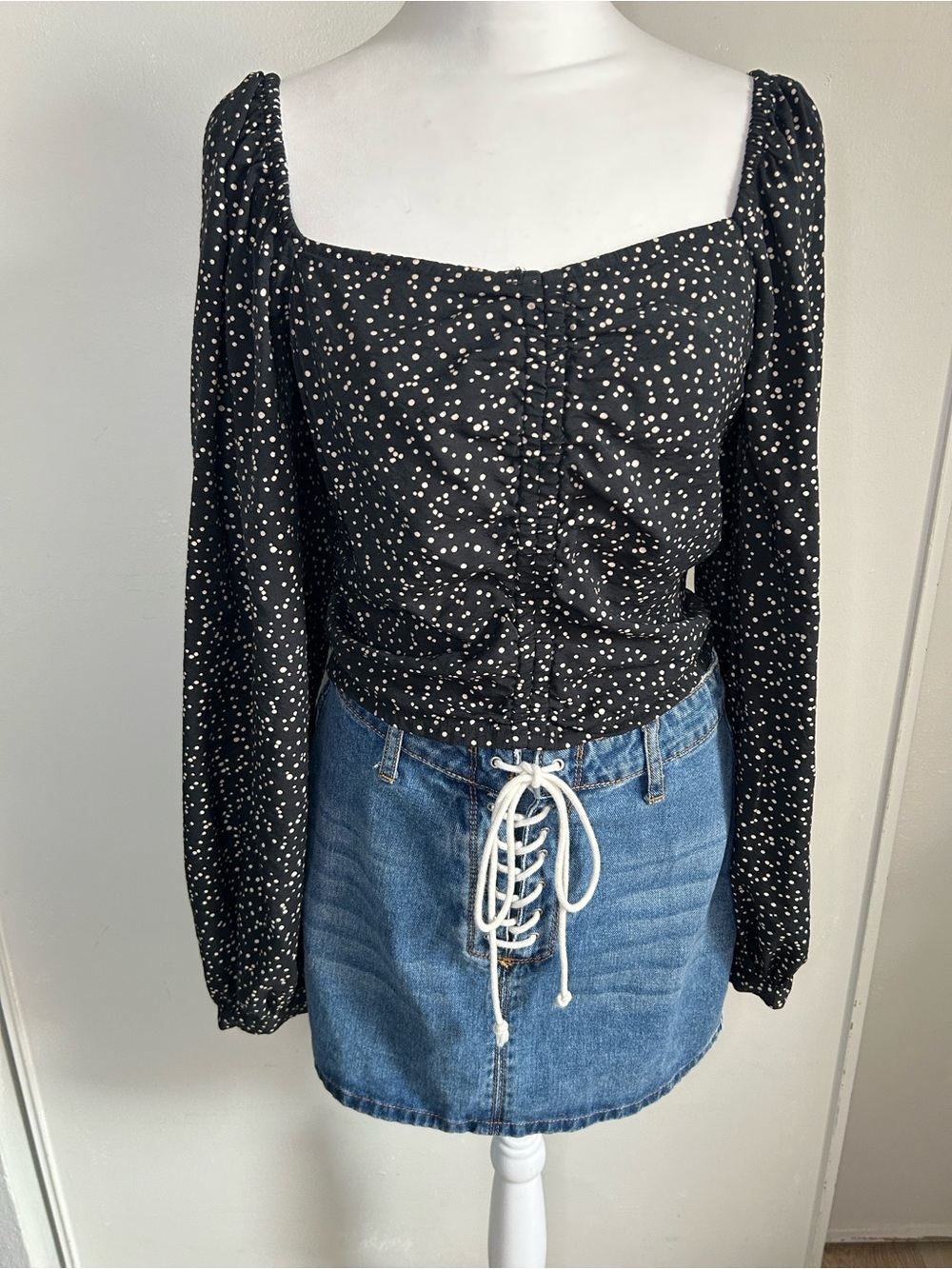 a new day Black Cream Dot Square-Neck Long Sleeve Cropped Blouse